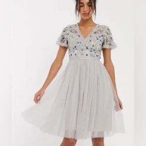 Needle & Thread Light Gray Embellished Midi Dress